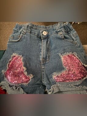 Girls Denim Shorts with Pink Sequin Patches